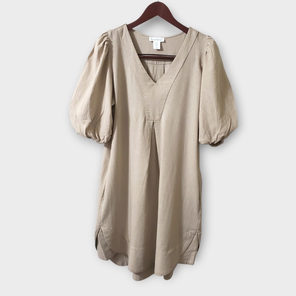 Cynthia Rowley Linen Blend V-Neck Puff Sleeve Shift Midi Dress Beige Small